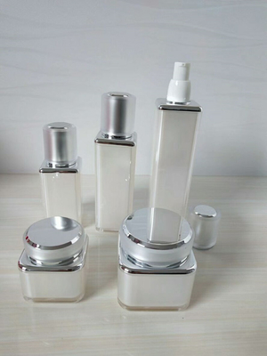pearl white acrylic square cosmetic packaging bottle and jar set