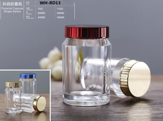 square 70ml 110ml  plastic PETbottle for food Storage packaging with electroplate gold red lid