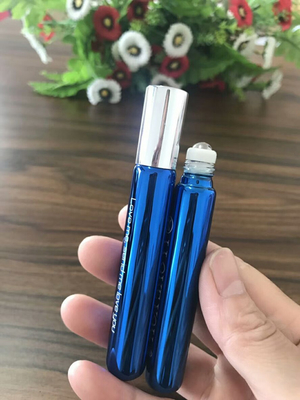 cosmetic packaging 10ml shiny blue glass roll on bottle with metal ball for perfume essential oil
