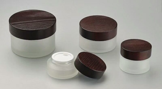 100g frosted  glass cosmetic cream jar with solid wooden lid eco friendly cosmetic packaging