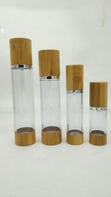 cosmetic bamboo base and collar clear airless pump lotion bottle design 15ml 30ml 50ml 100ml