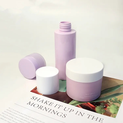 Chinese manufacture cosmetics Packaging 100ml PET Toner Plastic Bottle PP Cream jar Purple Cosmetics Sets