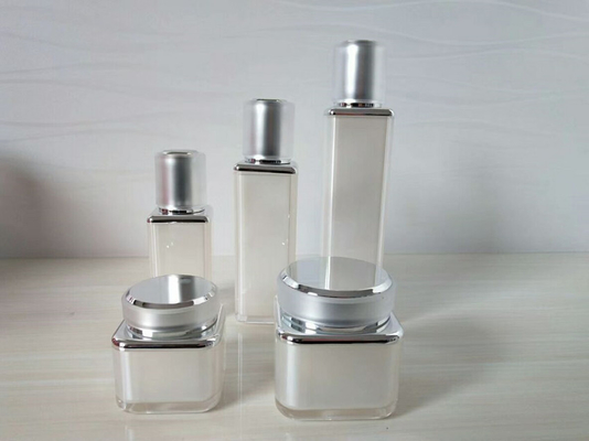 pearl white acrylic square cosmetic packaging bottle and jar set