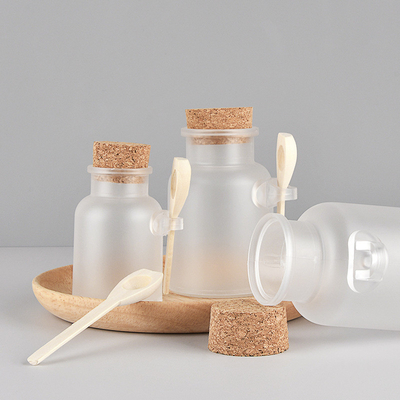 Wholesale Frost ABS Plastic Bath Salt Container Jars with Wood Spoon and Cork Lid 100ml 200ml for Cosmetic Packaging