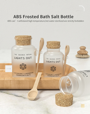 Wholesale Frost ABS Plastic Bath Salt Container Jars with Wood Spoon and Cork Lid 100ml 200ml for Cosmetic Packaging